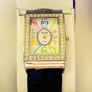“Twiggy” Colorful Dial Silver Watch/Cuff/Bracelet with Crystal Accents - Hinged